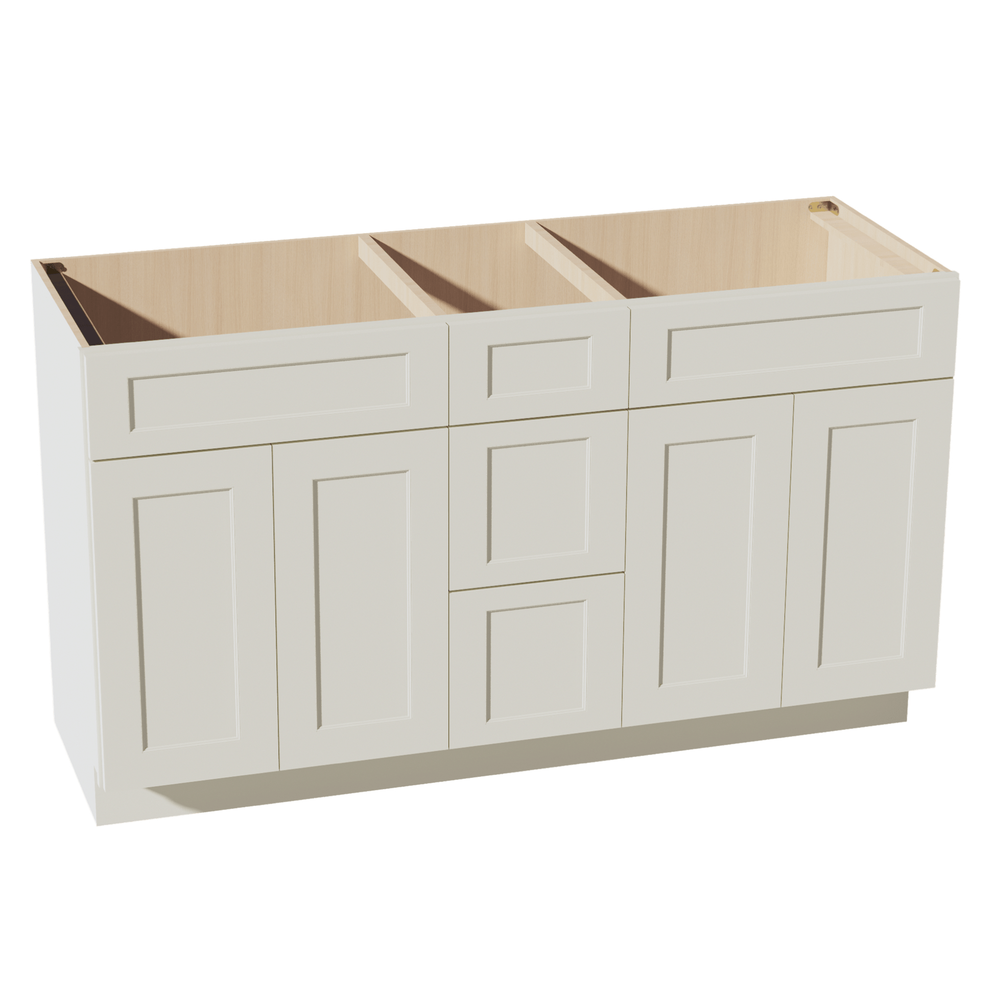 TW - VSD60DOUBLEE: Creamy White Shaker 60"W x 34 - 1/2"H x 21"D 4 Doors, 3 Drawers & 2 False Drawers Double Sink Vanity Base Combo Cabinets - NextCabinets