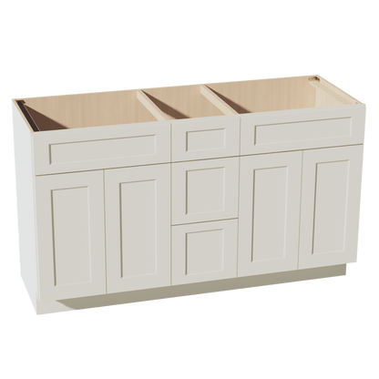 TW - VSD60DOUBLEE: Creamy White Shaker 60"W x 34 - 1/2"H x 21"D 4 Doors, 3 Drawers & 2 False Drawers Double Sink Vanity Base Combo Cabinets - NextCabinets