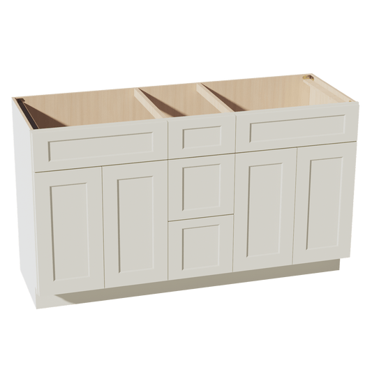 TW - VSD60DOUBLEE: Creamy White Shaker 60"W x 34 - 1/2"H x 21"D 4 Doors, 3 Drawers & 2 False Drawers Double Sink Vanity Base Combo Cabinets - NextCabinets