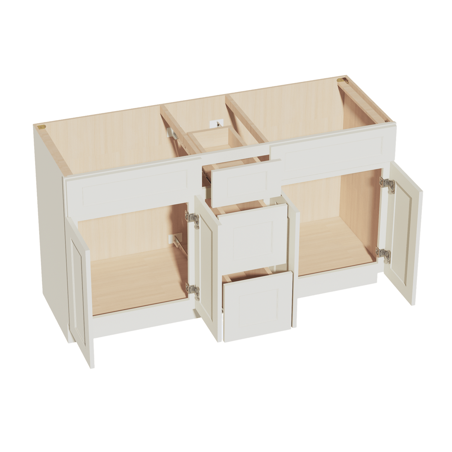 TW - VSD60DOUBLEE: Creamy White Shaker 60"W x 34 - 1/2"H x 21"D 4 Doors, 3 Drawers & 2 False Drawers Double Sink Vanity Base Combo Cabinets - NextCabinets