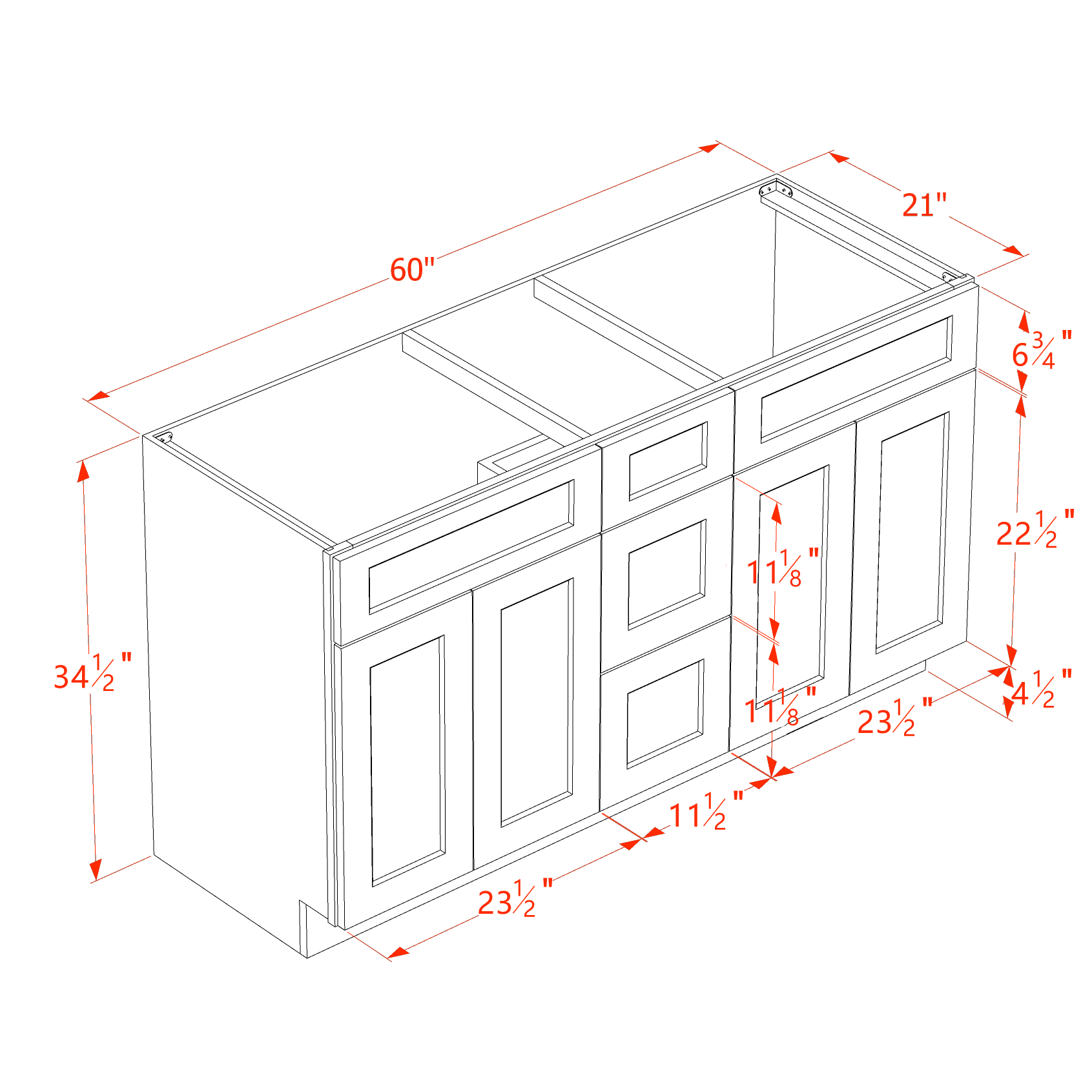TW - VSD60DOUBLEE: Creamy White Shaker 60"W x 34 - 1/2"H x 21"D 4 Doors, 3 Drawers & 2 False Drawers Double Sink Vanity Base Combo Cabinets - NextCabinets
