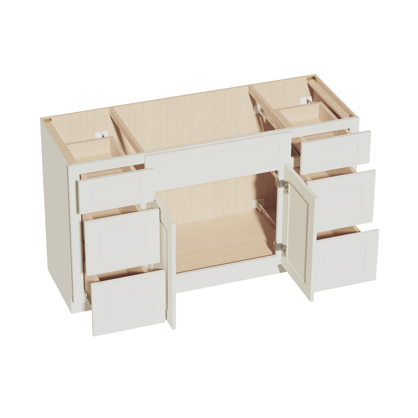 TW - VSD60SINGLE: Creamy White Shaker 60"W x 34 - 1/2"H x 21"D 2 Doors, 6 Drawers & 1 False Drawer Single Sink Vanity Base Combo Cabinets - NextCabinets