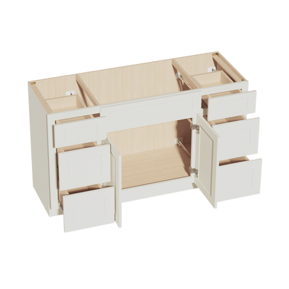 TW - VSD60SINGLE: Creamy White Shaker 60"W x 34 - 1/2"H x 21"D 2 Doors, 6 Drawers & 1 False Drawer Single Sink Vanity Base Combo Cabinets - NextCabinets