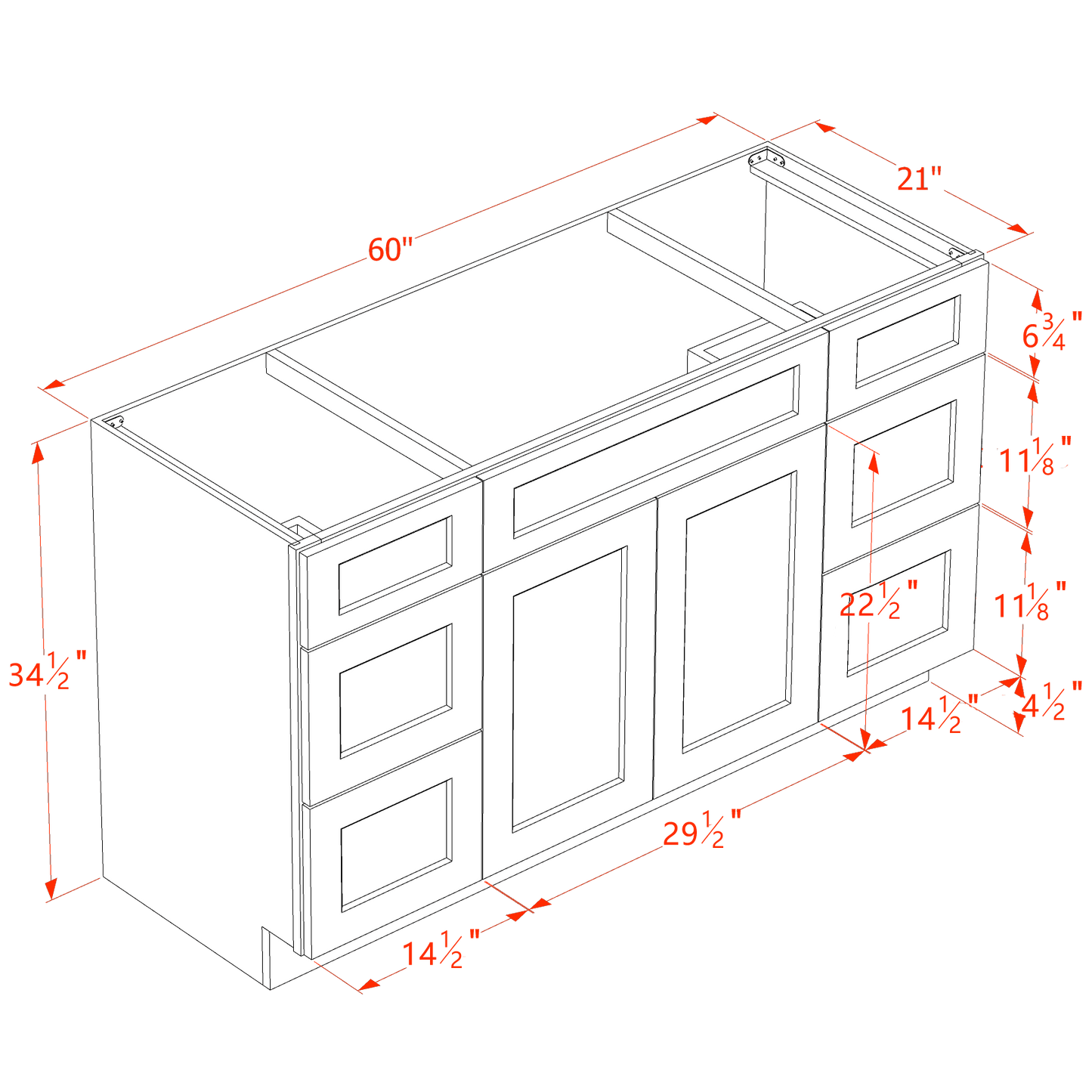 TW - VSD60SINGLE: Creamy White Shaker 60"W x 34 - 1/2"H x 21"D 2 Doors, 6 Drawers & 1 False Drawer Single Sink Vanity Base Combo Cabinets - NextCabinets