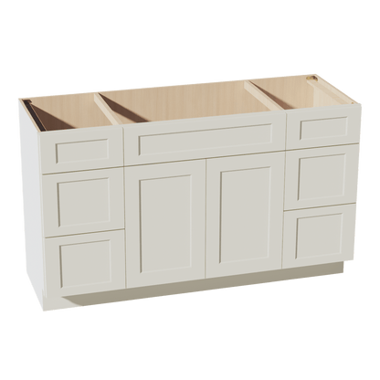 TW - VSD60SINGLE: Creamy White Shaker 60"W x 34 - 1/2"H x 21"D 2 Doors, 6 Drawers & 1 False Drawer Single Sink Vanity Base Combo Cabinets - NextCabinets